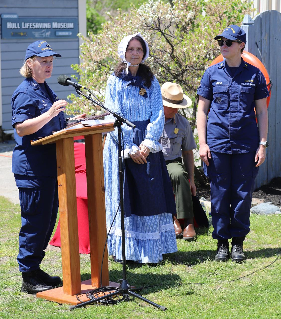 Retirement of Boston Light Keeper Dr. Sally Snowman at Hull Lifesaving Museum May 22 2024 Sally Snowman Captain Kaley Benson Lt Commander Kate Ahrens