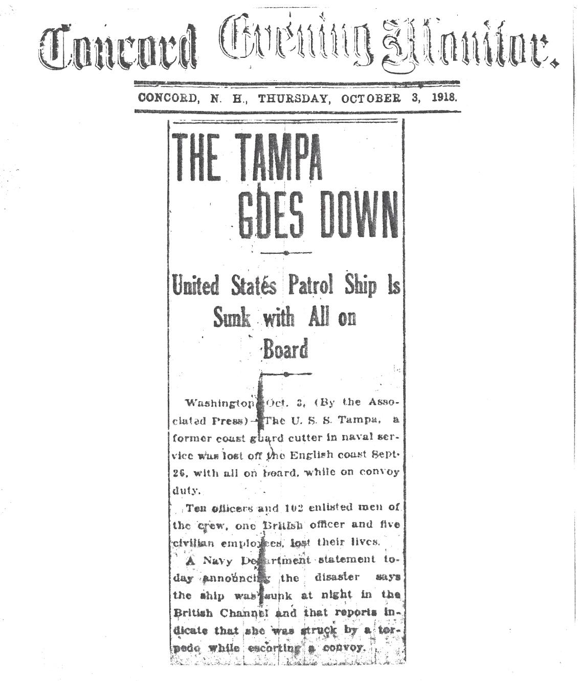 Fred Wesley Wyman - Lost on the Coast Guard Cutter Tampa September 26 1918 