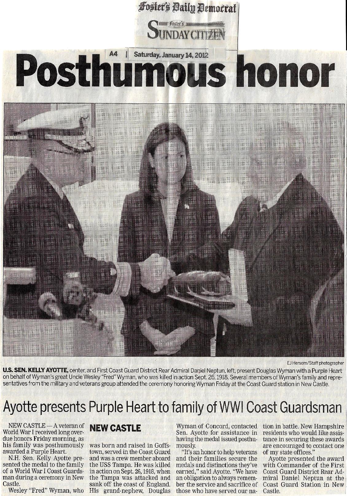 Fred Wesley Wyman - Lost on the Coast Guard Cutter Tampa September 26 1918 Purple Heart Award