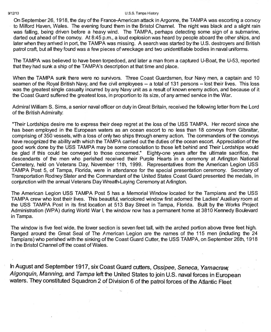 Fred Wesley Wyman - Lost on the Coast Guard Cutter Tampa September 26 1918