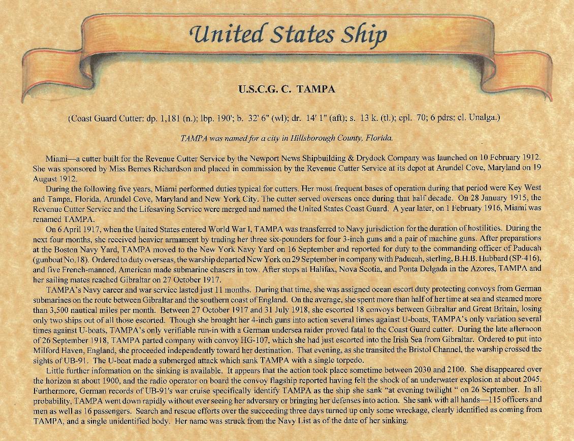 Fred Wesley Wyman - Lost on the Coast Guard Cutter Tampa September 26 1918